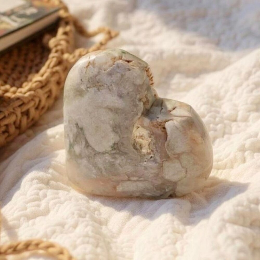 Cherry Blossom Agate ✦ Polished Palm Stone ✦ Heart-Shaped Green White Natural